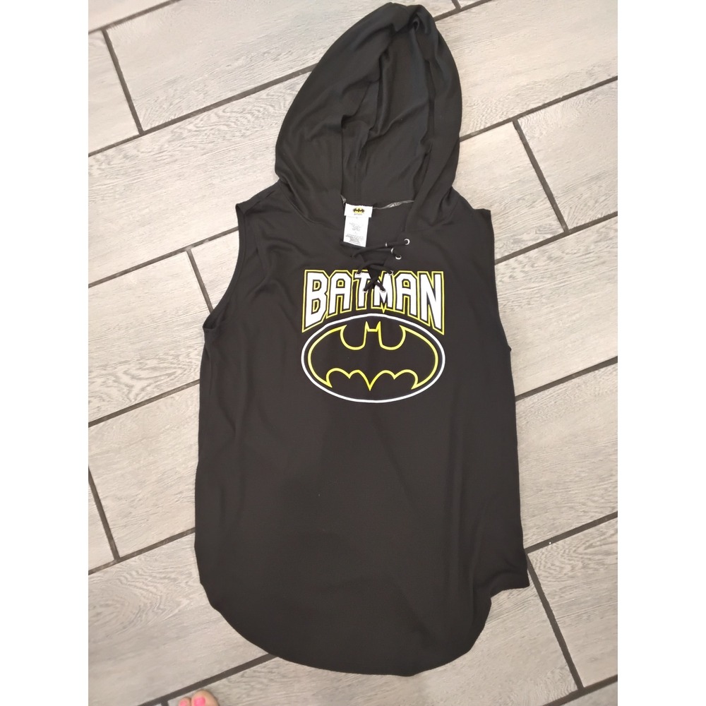 Batman Sleeveless Hoodie Tank Top Black Lace Up Graphic Logo Jerry Leigh Large